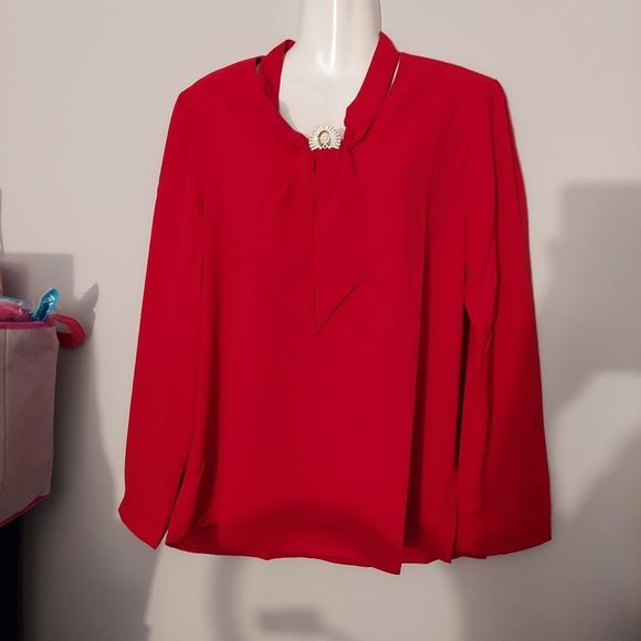 Red Tie Neck Blouse with Rhinestone Brooch NWT - Picture 7 of 13